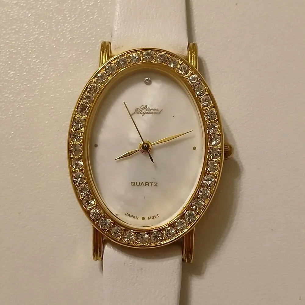 VTG 90s Pierre Jacquard Women's Watch Gold Oval Rhinestone Bezel MOP Dial